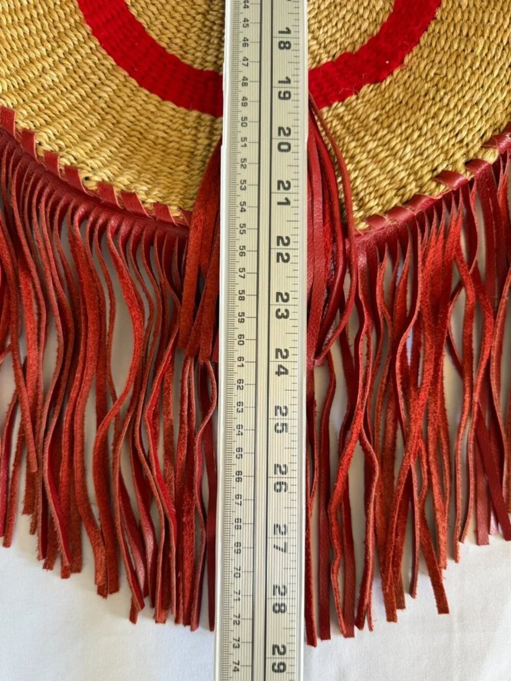 WOVEN SISAL LEATHER FRINGE BAG RED BEADED TASSEL DOUBLE HANDLES ROUND 14